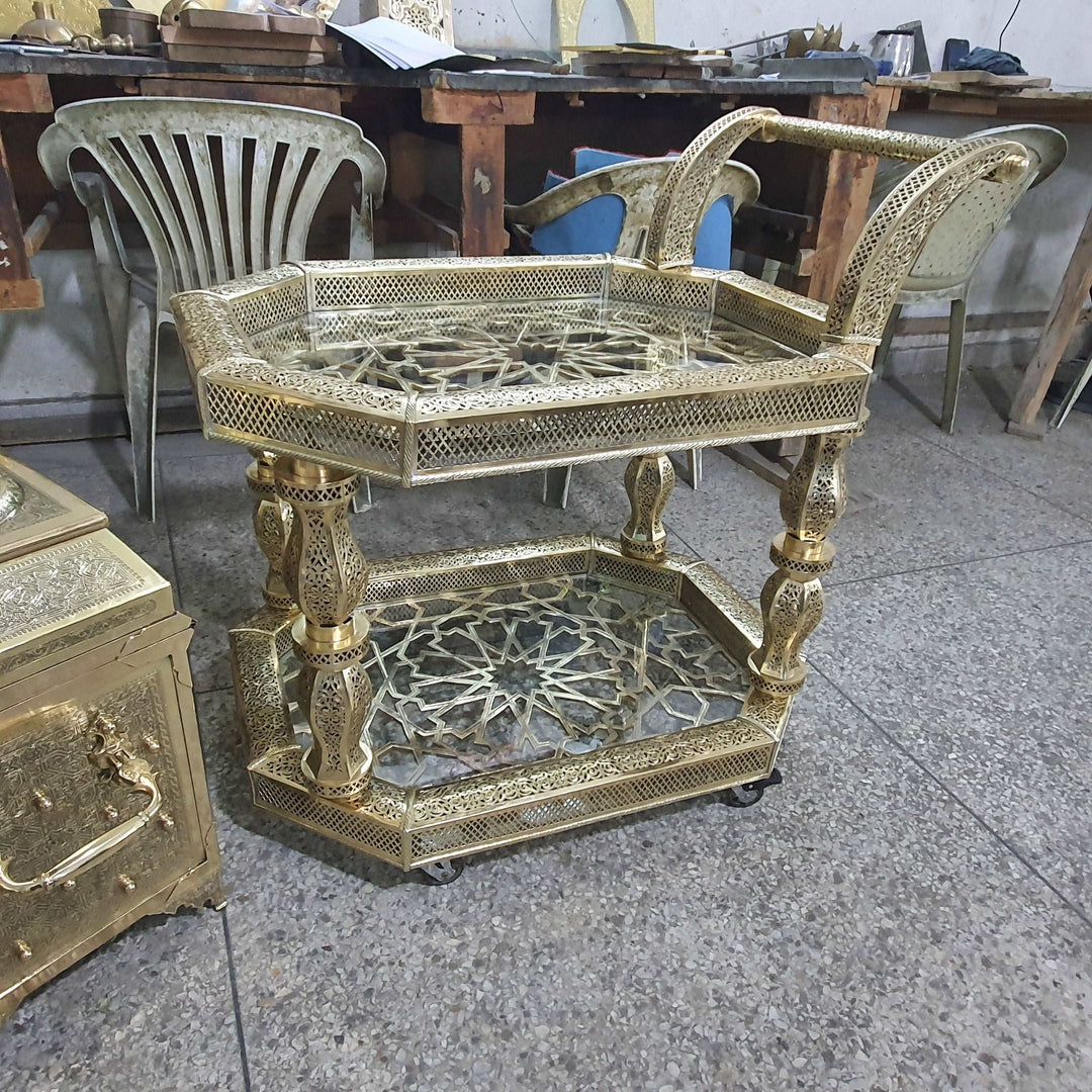 Brass serving trolley, handmade brass luxury decoration