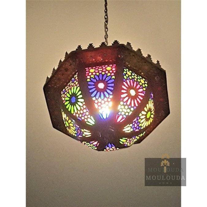 Hermosa lámpara de araña exótica, lámpara colgante, diseño marroquí, lámpara de Marruecos, hecha a mano de latón y vidrio coloreado, personalización bajo demanda