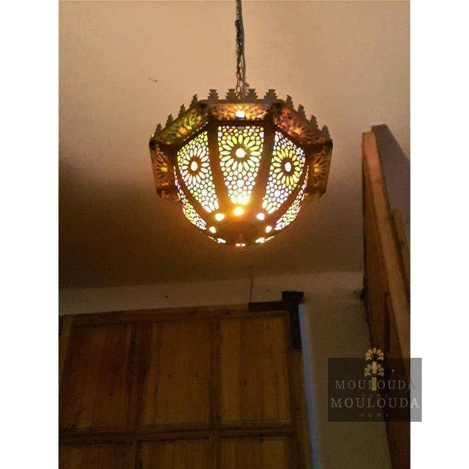 Hermosa lámpara de araña exótica, lámpara colgante, diseño marroquí, lámpara de Marruecos, hecha a mano de latón y vidrio coloreado, personalización bajo demanda