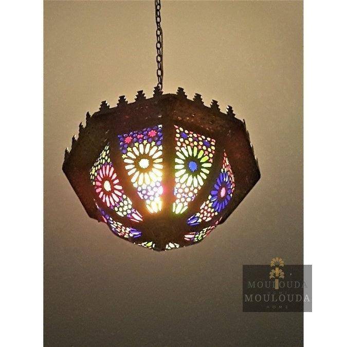 Hermosa lámpara de araña exótica, lámpara colgante, diseño marroquí, lámpara de Marruecos, hecha a mano de latón y vidrio coloreado, personalización bajo demanda