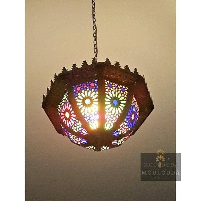 Hermosa lámpara de araña exótica, lámpara colgante, diseño marroquí, lámpara de Marruecos, hecha a mano de latón y vidrio coloreado, personalización bajo demanda